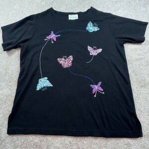 The Quacker Factory Womens Black Sequin Butterfly Embroidered Knit Top Large